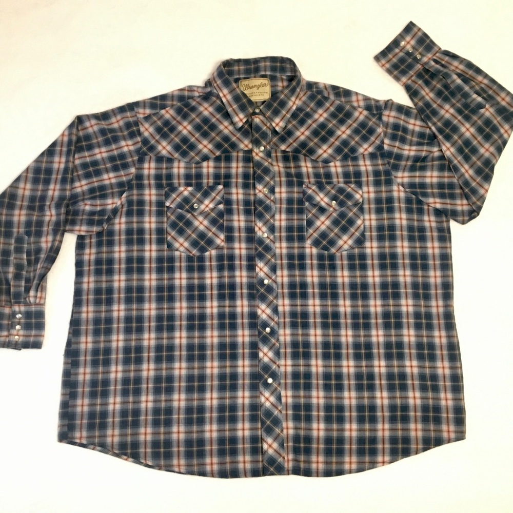 Vintage Wrangler Shirt Size 2XL Blue Plaid Pearl Snap Button Long Sleeve